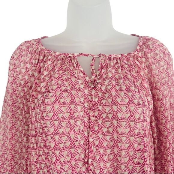 Lucky Brand Blouse Multicolor Geo-Print Pink Tan Blue Sheer Sz S - Picture 1 of 8